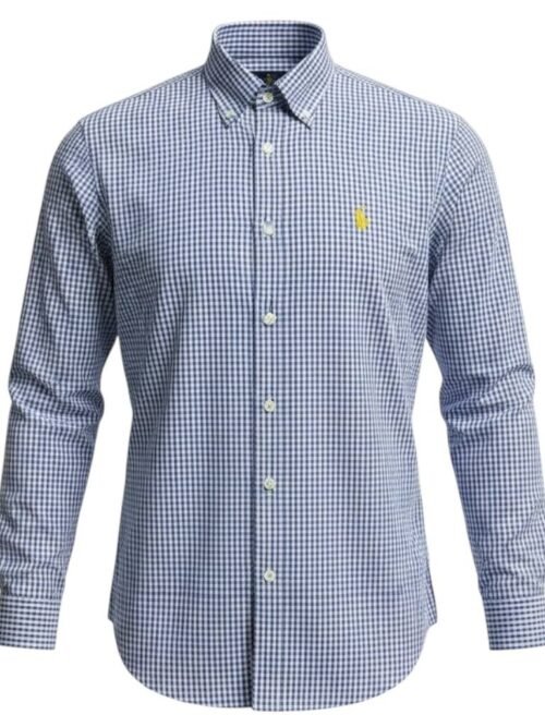 Camisa Ralph Lauren Masculina Micro Xadrez Azul Royal Pony Amarelo