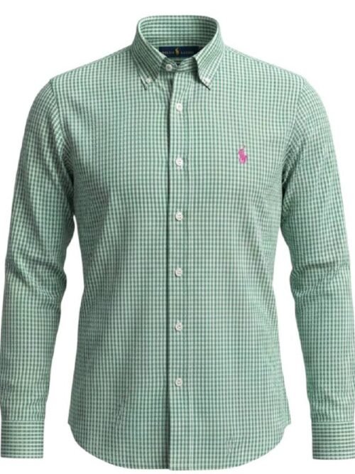 Camisa Ralph Lauren Masculina Micro Xadrez Verde Cidreira Pony Rosa