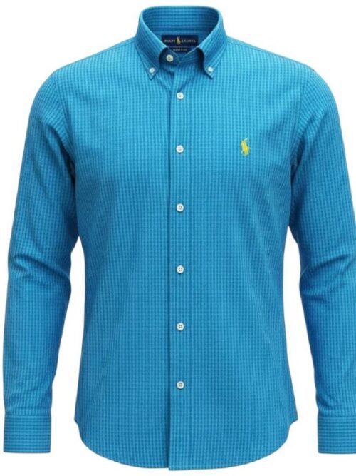 Camisa Ralph Lauren Masculina Micro Xadrez Blue Ice Pony Amarelo