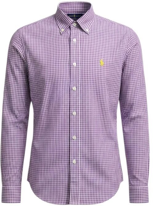 Camisa Ralph Lauren Masculina Micro Xadrez Roxo Pony Amarelo