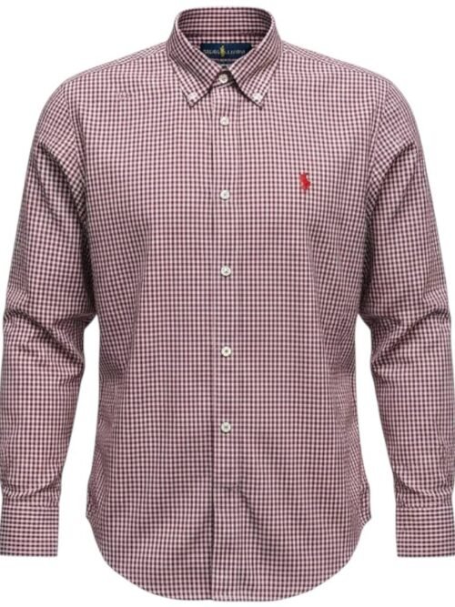 Camisa Ralph Lauren Masculina Micro Xadrez Malbec Pony Bordô