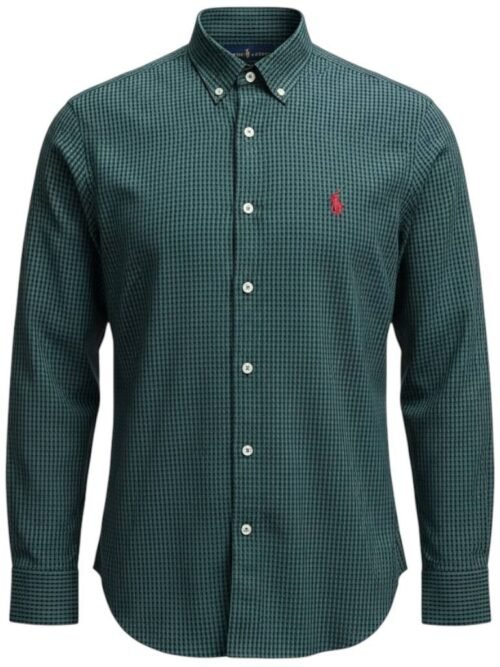 Camisa Ralph Lauren Masculina Micro Xadrez Verde Floresta Pony Vermelho
