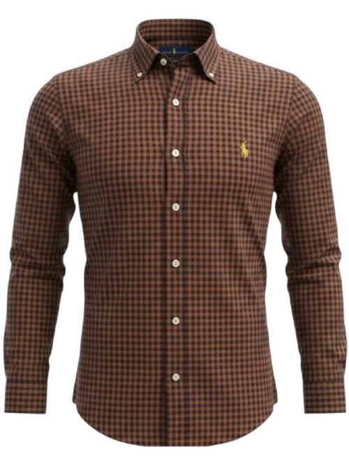 Camisa Ralph Lauren Masculina Xadrez Marrom Pony Dourado