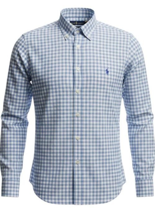 Camisa Ralph Lauren Masculina Xadrez Azul e Branco Pony Azul