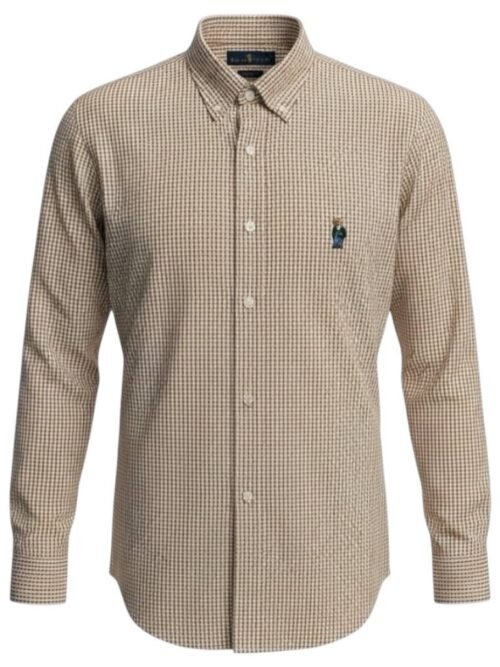 Camisa Ralph Lauren Masculina Oxford Micro Xadrez Clássico Marrom Urso Americano