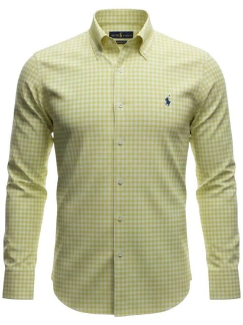 Camisa Ralph Lauren Masculina Xadrez Viscolinho Amarelo Cítrico Pony Marinho