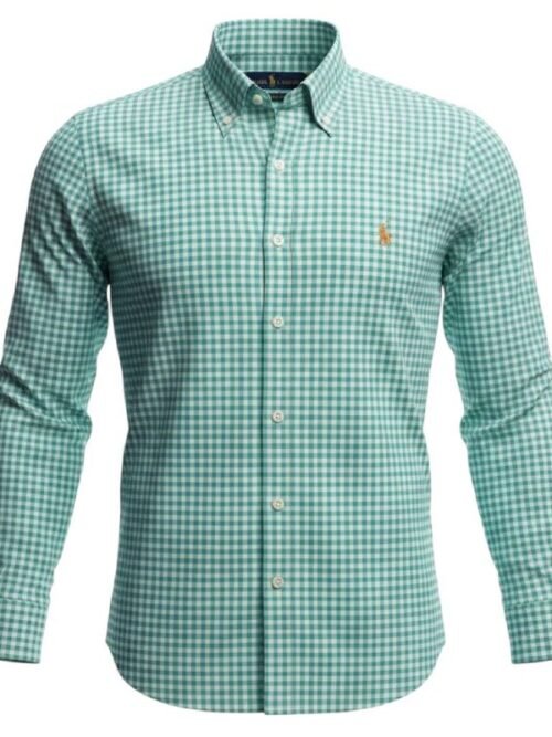 Camisa Ralph Lauren Masculina Xadrez Viscolinho Verde Água Pony Laranja