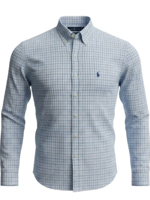 Camisa Ralph Lauren Masculina Xadrez Listras Azul e Branco Pony Marinho