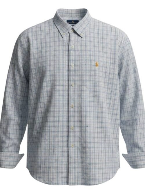 Camisa Ralph Lauren Masculina Xadrez Listrado Creme Pony Dourado