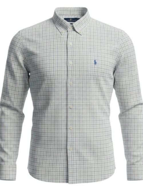 Camisa Ralph Lauren Masculina Xadrez Listrado Azul e Branco Pony Turquesa