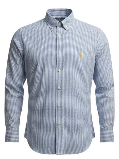 Camisa Ralph Lauren Masculina Micro Xadrez Listras Azuis Pony Dourado