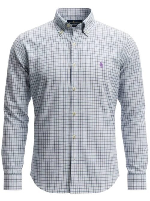 Camisa Ralph Lauren Masculina Xadrez Listras Azuis Pony Lilás