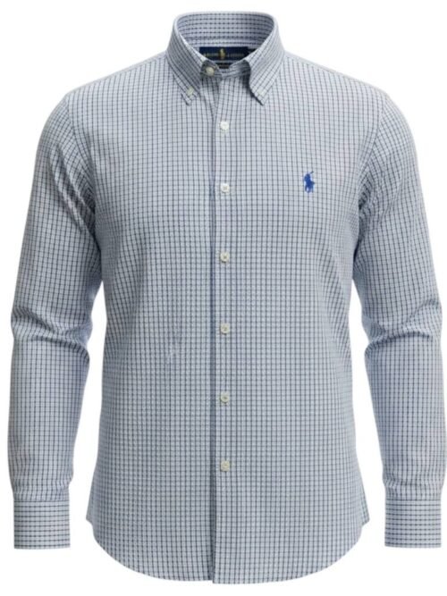 Camisa Ralph Lauren Masculina Micro Xadrez Listras Marrom Pony Azul
