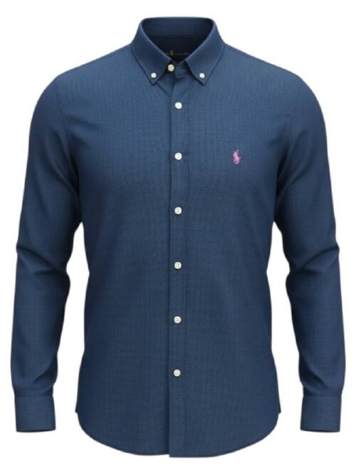 Camisa Ralph Lauren Masculina Micro Xadrez Azul Petróleo Pony Rosa