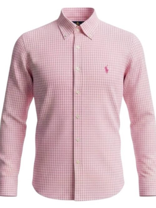 Camisa Ralph Lauren Masculina Micro Xadrez Rosa Pony Cereja