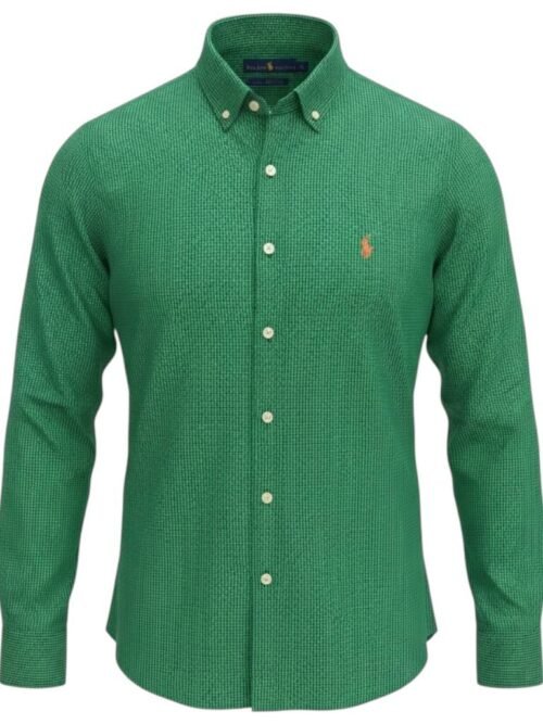 Camisa Ralph Lauren Masculina Micro Xadrez Verde Esmeralda Pony Laranja