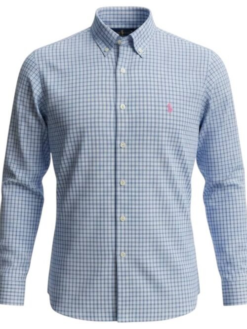 Camisa Ralph Lauren Masculina Xadrez Azul Oceano Pony Rosa