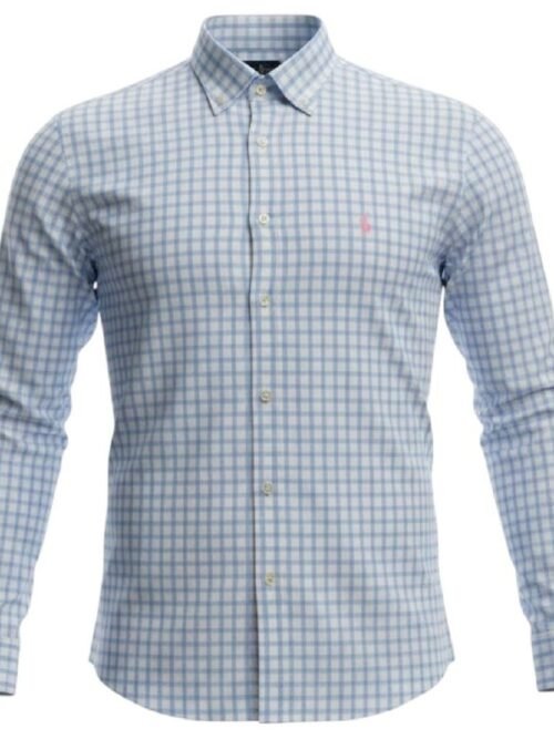 Camisa Ralph Lauren Masculina Xadrez Azul e Branco Pony Rosa
