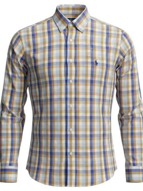 Camisa Ralph Lauren Masculina Xadrez Caramelo  Pony Marinho