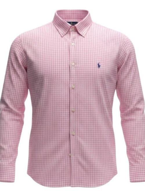 Camisa Ralph Lauren Masculina Xadrez Rosa Minimalista Pony Marinho