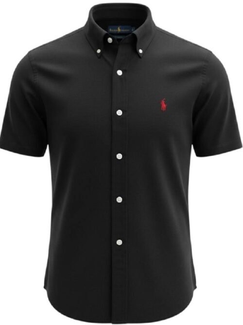 Camisa Ralph Lauren Masculina Oxford Manga Curta Preta Pony Vermelho