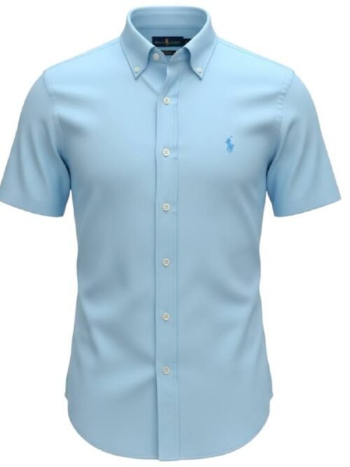 Camisa Ralph Lauren Masculina Oxford Manga Curta Azul Bebê Pony Celeste