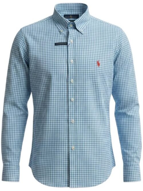 Camisa Ralph Lauren Masculina Xadrez Azul Oceano Pony Vermelho