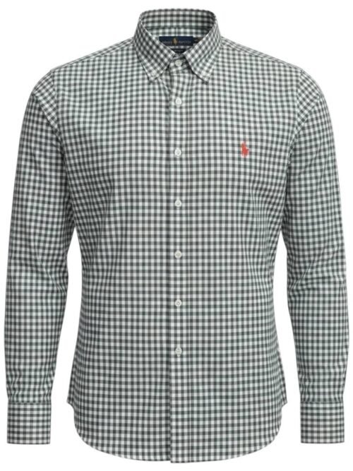 Camisa Ralph Lauren Masculina Xadrez Cinzento Pony Laranja