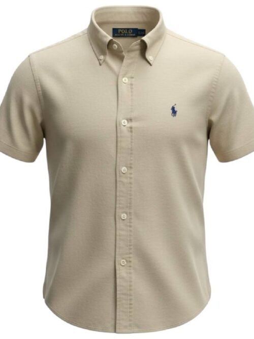 Camisa Ralph Lauren Masculina Oxford Manga Curta Bege Pony Marinho