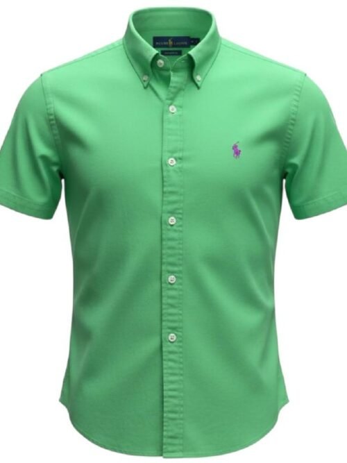 Camisa Ralph Lauren Masculina Oxford Manga Curta Verde Esmeralda  Pony Rosa