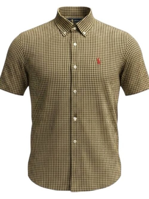 Camisa Ralph Lauren Masculina Manga Curta Micro Xadrez Mostarda Pony Vermelho