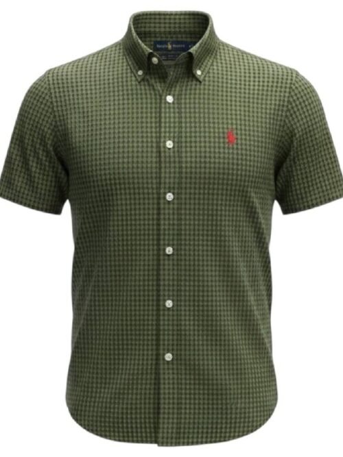 Camisa Ralph Lauren Masculina Manga Curta Micro Xadrez Verde Eucalipto Pony Vermelho