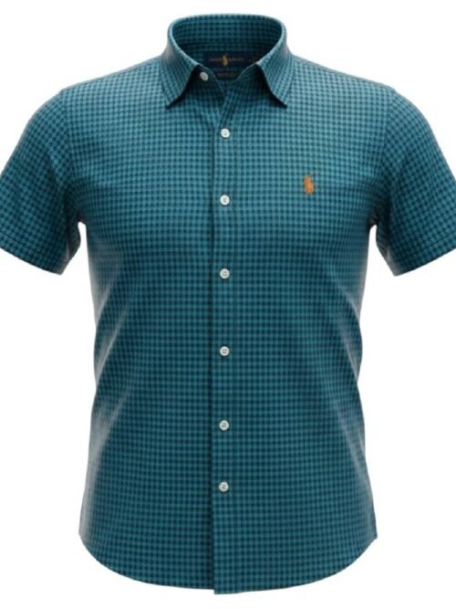 Camisa Ralph Lauren Masculina Manga Curta Micro Xadrez Azul Oceano Pony Laranja