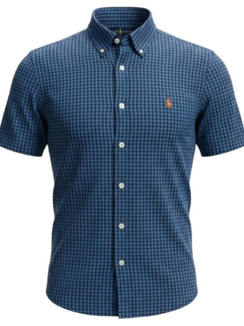 Camisa Ralph Lauren Masculina Manga Curta Micro Xadrez Azul Royal Pony Laranja