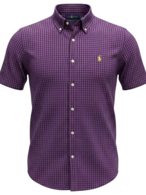Camisa Ralph Lauren Masculina Manga Curta Micro Xadrez Roxo Pony Amarelo