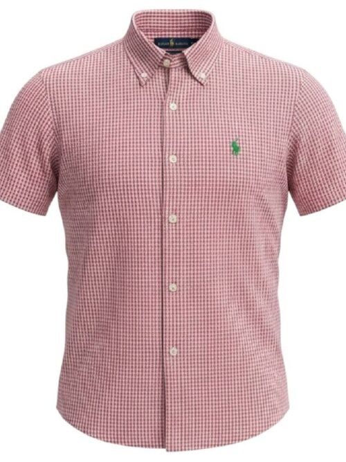 Camisa Ralph Lauren Masculina Manga Curta Micro Xadrez Cereja Pony Verde