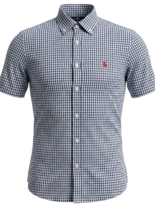 Camisa Ralph Lauren Masculina Manga Curta Xadrez Azul Petróleo Pony Vermelho