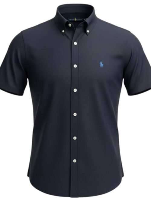 Camisa Ralph Lauren Masculina Seda Manga Curta Petróleo Pony Azul