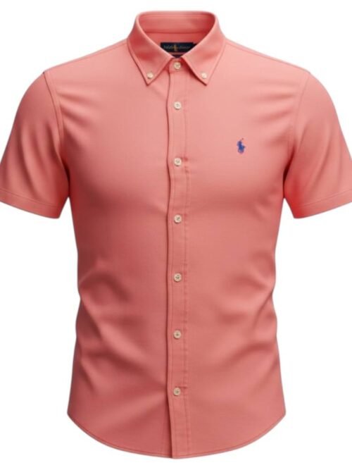 Camisa Ralph Lauren Masculina Oxford Manga Curta Salmão Pony Azul
