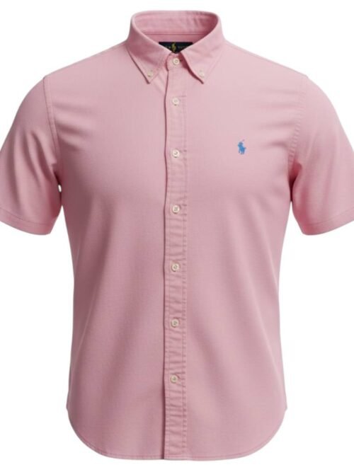 Camisa Ralph Lauren Masculina Oxford Manga Curta Rosa Bebê Pony Azul