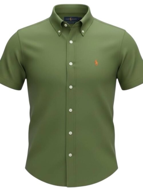 Camisa Ralph Lauren Masculina Oxford Manga Curta Verde Musgo Pony Laranja