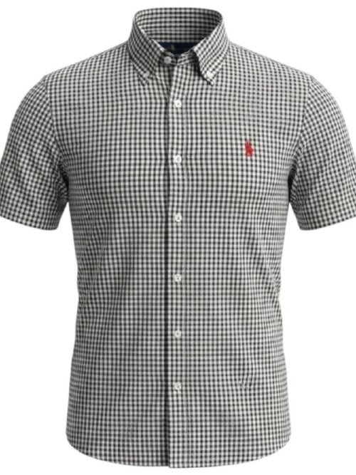 Camisa Ralph Lauren Masculina Manga Curta Micro Xadrez Cor Ferrugem Pony Vermelho