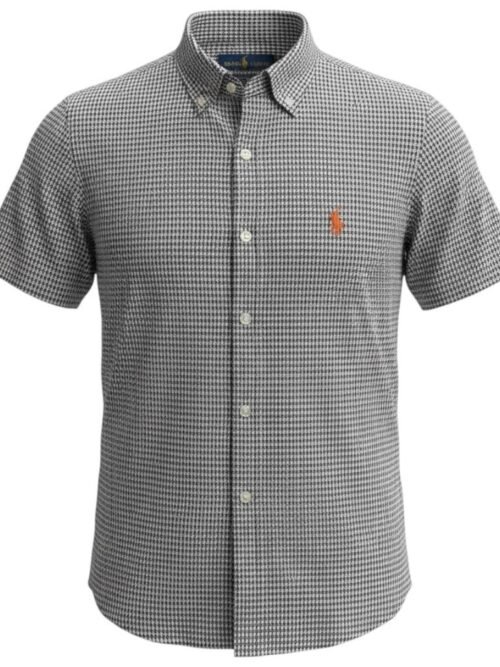 Camisa Ralph Lauren Masculina Manga Curta Micro Xadrez Preta Pony Laranja