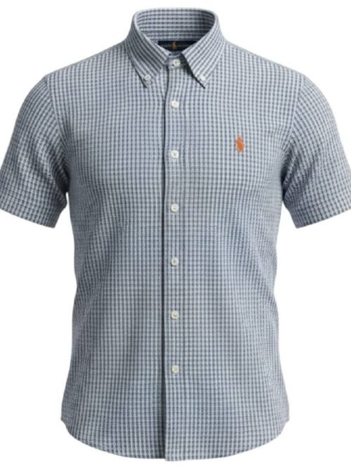 Camisa Ralph Lauren Masculina Manga Curta Micro Xadrez Cinzento Pony Laranja