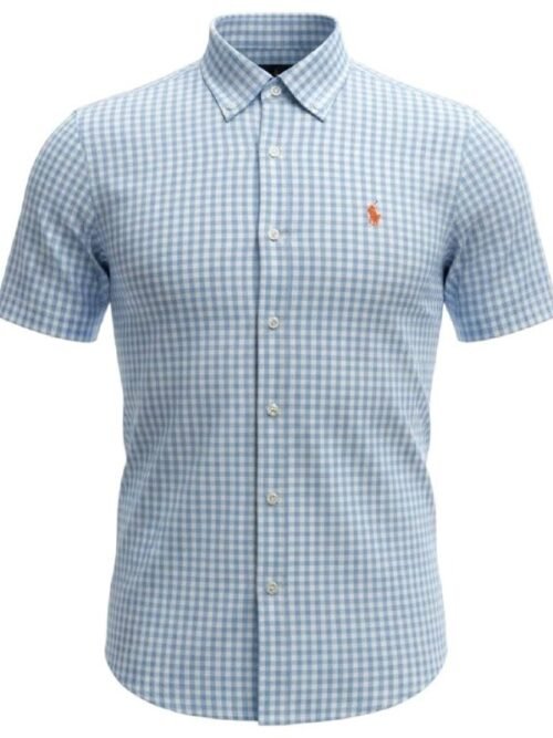 Camisa Ralph Lauren Masculina Manga Curta Xadrez Azul Bebê Pony Laranja