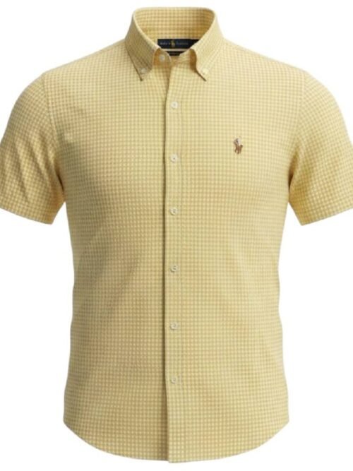 Camisa Ralph Lauren Masculina Manga Curta Micro Xadrez Amarelo Pony Colorido