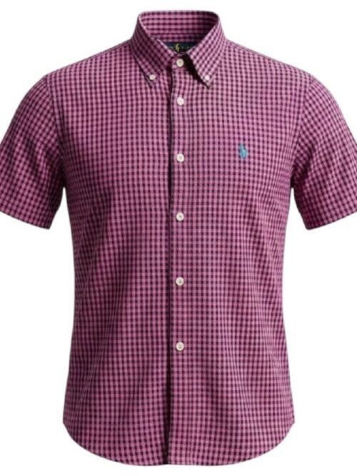 Camisa Ralph Lauren Masculina Manga Curta Micro Xadrez Pitaya Pony Azul
