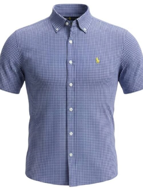 Camisa Ralph Lauren Masculina Manga Curta Micro Xadrez Azul Royal Pony Limão