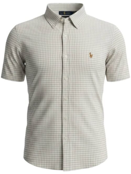 Camisa Ralph Lauren Masculina Manga Curta Micro Xadrez Creme Pony Colorido