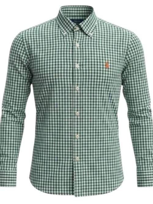 Camisa Ralph Lauren Masculina Xadrez Verde e Branco Pony Laranja